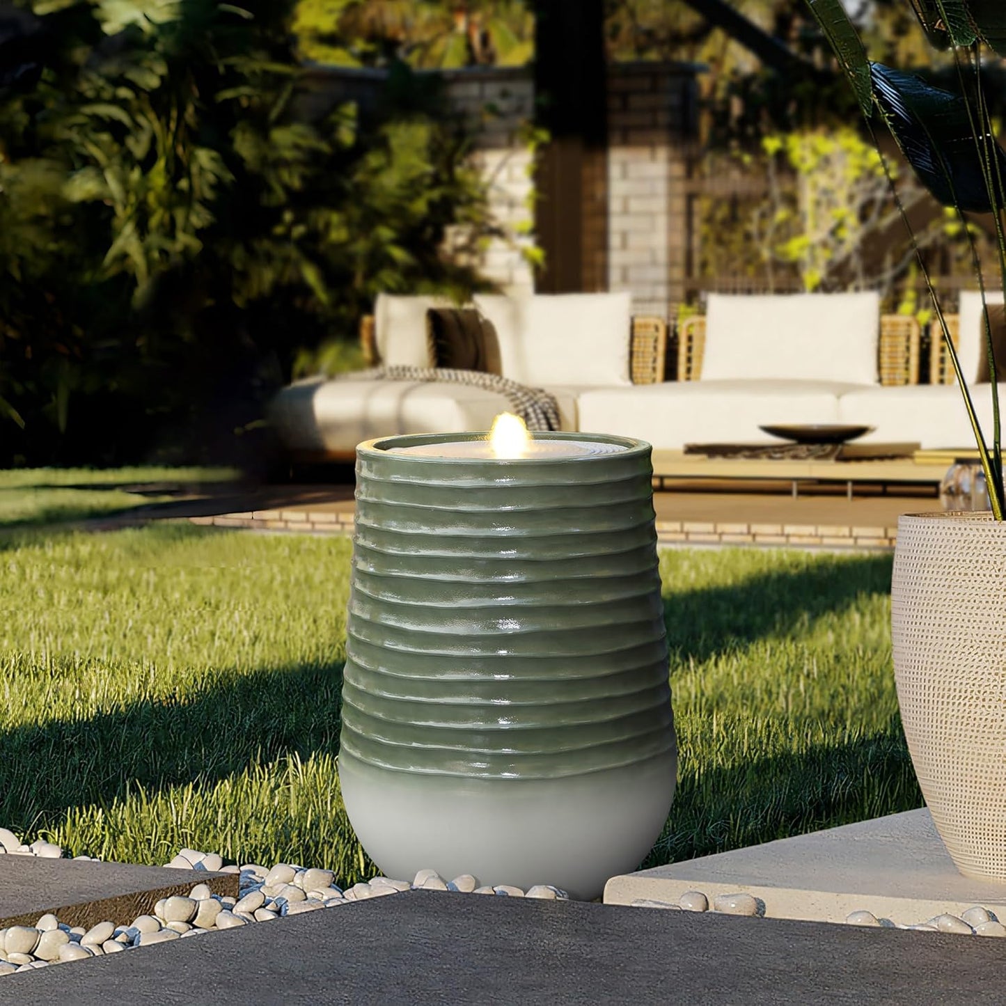 LuxenHome 20" Water Fountain Outdoor with LED Light, Modern Bubbling Garden Water Fountains with Gradient Color, Resin Outdoor Waterfall Fountains with Ceramic Like Glaze for Yard, Patio, and Porch