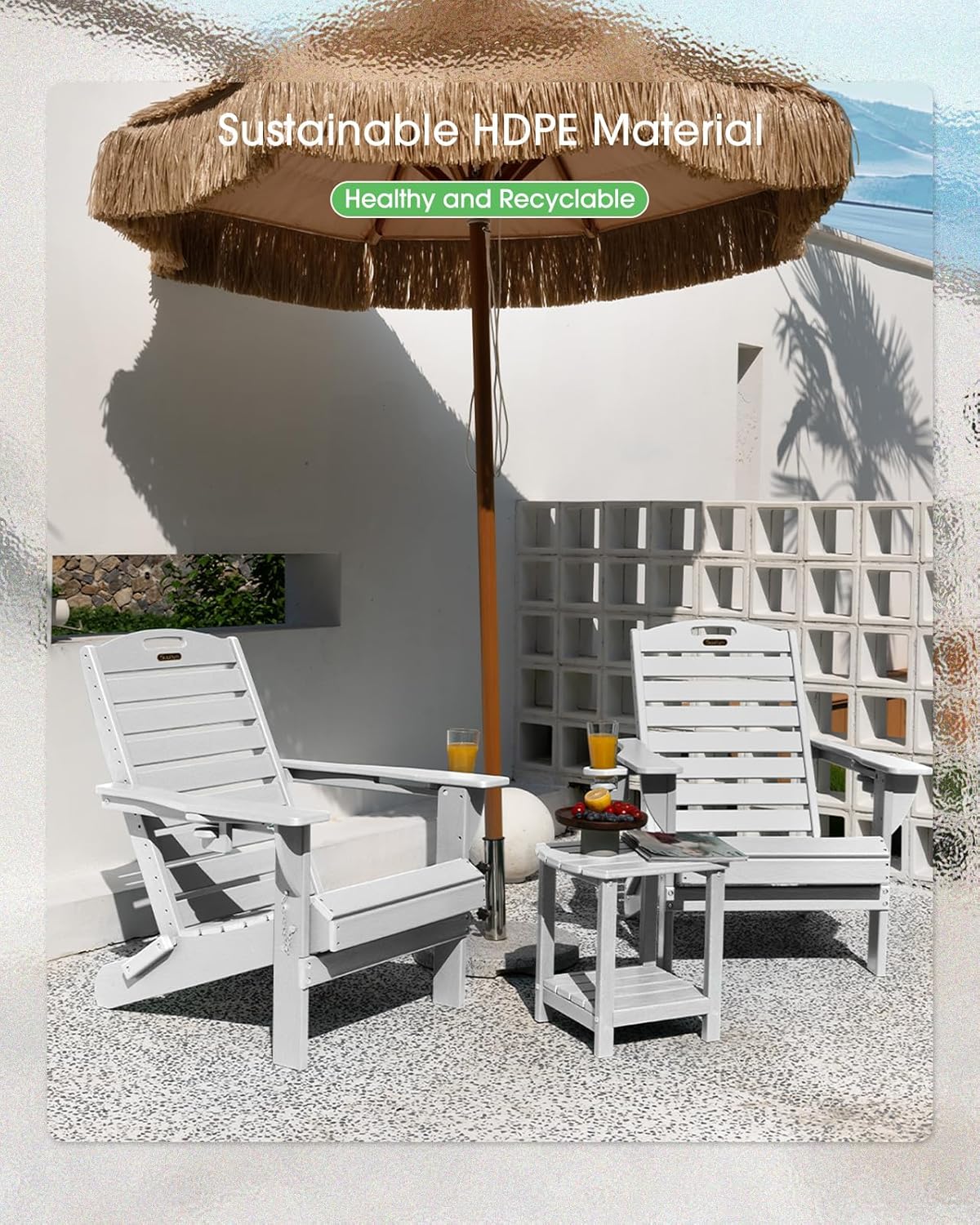 Adirondack Chairs Set of 2, Outdoor Fire Pit Chairs, HDPE All-Weather Adirondack Chairs with Cup Holder, Lawn Chair for Deck, Patio, Garden (White)