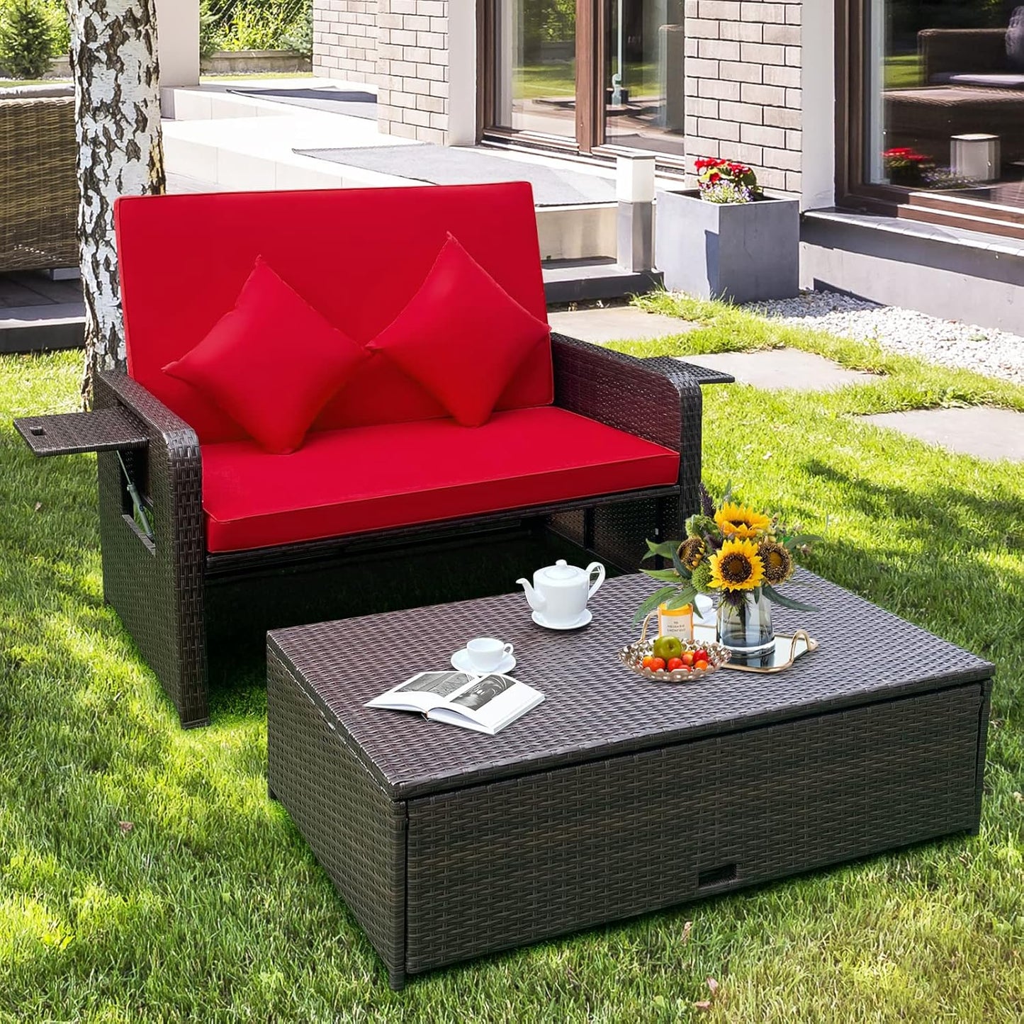 Tangkula Patio Rattan Daybed, Patiojoy Wicker Loveseat Sofa w/Multipurpose Ottoman & Retractable Side Tray, 4-Level Adjustable Backrest, Footstool w/Storage, Seat & Back Cushion Included