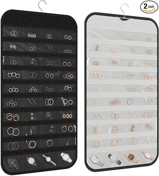 2 Pack Hanging Jewelry Organizer 80-Pocket Dual-sided Jewelry Storage for Earring Necklace Bracelet Ring Travel Holder, Black and White