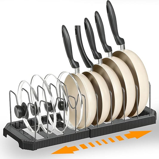 Adjustable Pot Lid Organizer Rack, 9 Compartments Cabinet Storage Holder for Pots, Pans, Lids, Cutting Boards, Bakeware