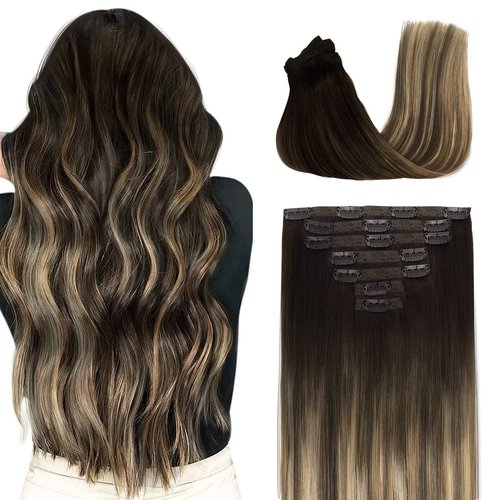 Fimislosion Real Hair Extensions Clip in Human Hair, Seamless Clip in Hair Extensions Real Human Hair, 20 Inch Clip ins extensions for women, Balayage Dark Brown to Middle Brown 120G 7Pcs