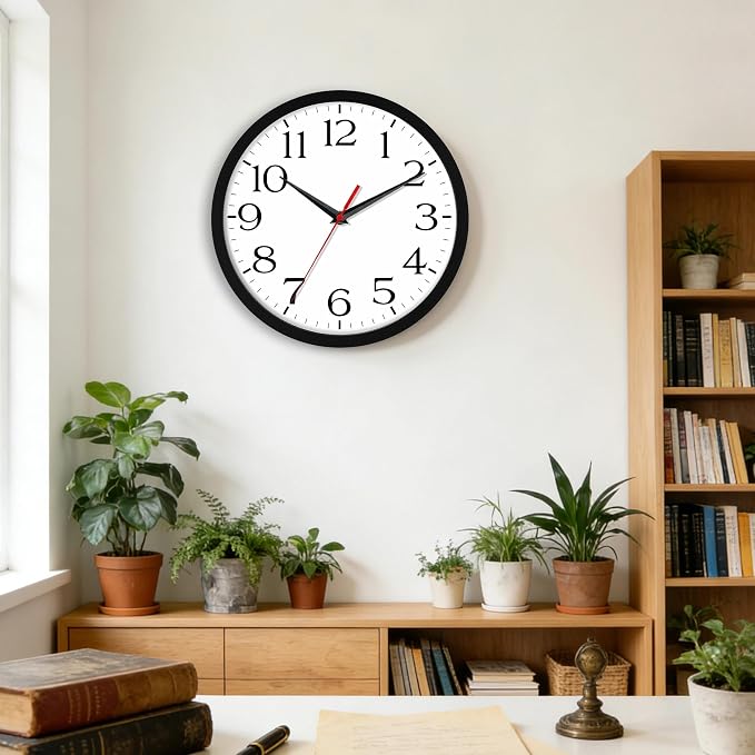 DAXSMY 8 Inch Wall Clock - Battery Operated, Silent Non-Ticking Analog Sweep Movement - Easy to Read Numbers for Home, Office, Kitchen, Classroom (Black)