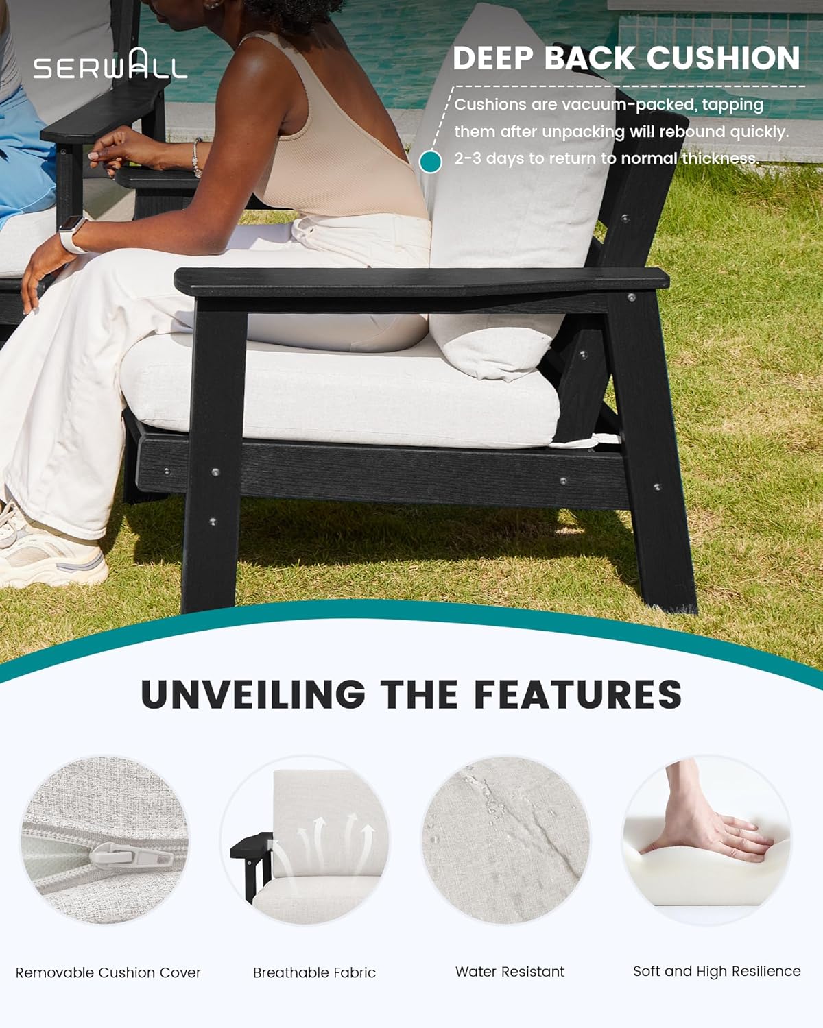SERWALL HDPE Outdoor Couch Set of 2, All-Weather Wood-Like Outdoor Patio Furniture Set, Black Patio Sofa Chairs with Khaki Cushions