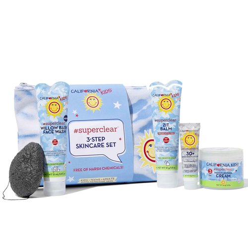 California Kids 3-Step Skin Care Set | Gentle Skin Care For Kids + Teens With Sensitive Skin | Exfoliating Face Wash + Pimple Cream + Facial Sponge