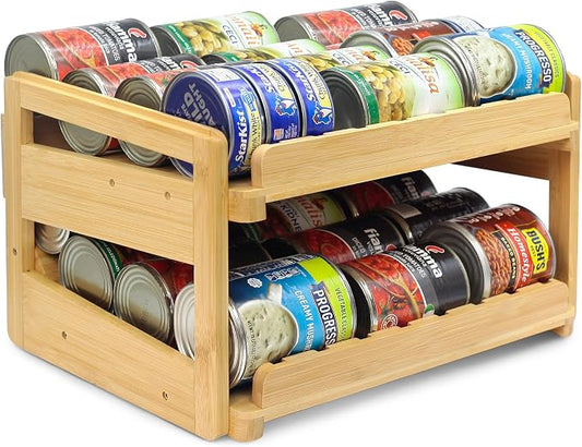 MinBoo Adjustable Can Organizer Rack, Two Tier Bamboo Stackable FIFO Cans Dispenser, Modern Style, Countertop, Assembly Required, Anti Shedding