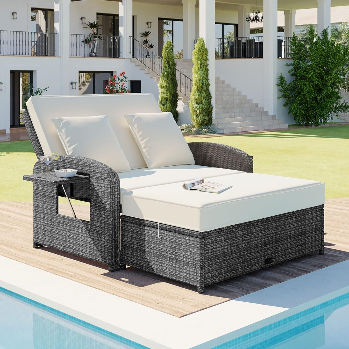 43.7” Patio Rattan Daybed Set, PE Wicker Rattan Double Chaise Lounge, 3-Level Adjustable Back and Cushions, Free Furniture Protection Cover, White