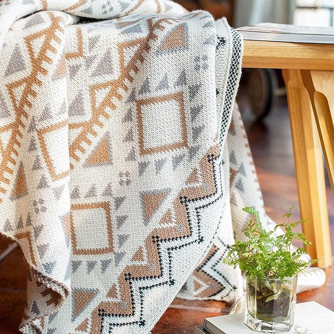 Boho Throw Blanket, Knitted Brown Tassel Throw Blankets, Soft Lightweight Vintage Tan Throw Blanket for Sofa Couch Bed and Living Room- All Seasons (50x60 Inch)