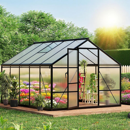 8x10 FT Outdoor Walk-in Greenhouse with Durable polyethylene Cover, Lockable Door, Adjustable roof Vent, and Ground Anchors. A Large, Sturdy Backyard Greenhouse Ideal for Patio, Lawn, and Gardening.
