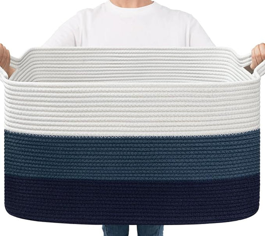Goodpick Storaget Basket, 21.6" x 14.9" x 11.8", Toy Storage Baskets for Bedroom, Large Baskets for Organizing, Rectangle Woven Rope Basket for Blanket Storage, Blue