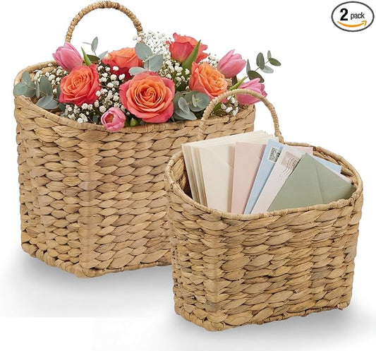 84ECO Set of 2 Wicker Hanging Baskets for Organizing, Front Door, Mail, Flowers - Woven Wall Baskets for Storage