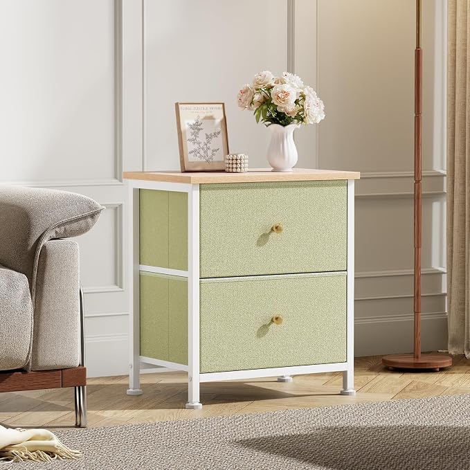 DUMOS Nightstand Small Dresser with 2 Fabric Drawers Side Tables Bedroom End Table Kids Bedside Storage Furniture for 20 inch Tall Night Stand for Closet, Entryway, College Dorm, Light Green 2Pack