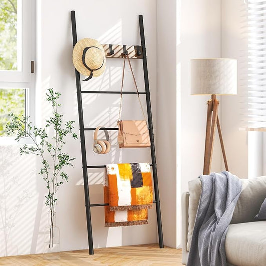 Tangkula Blanket Ladder, 5-Tier Ladder Shelf with 5 Removable Hooks, Wall-Leaning Decorative Blanket Holder with Metal Frame, Industrial Towel Display Rack for Living Room, Bathroom