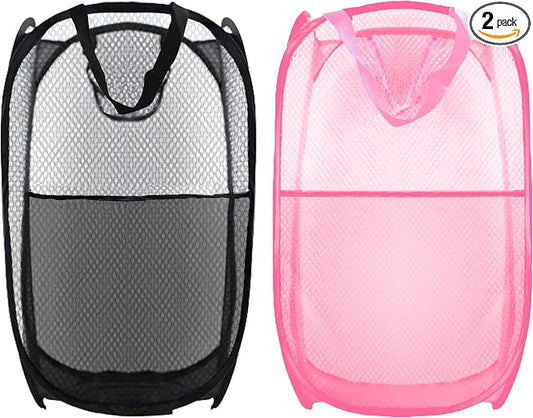 Collapsible Pop Up Laundry Hamper, Extra Large Mesh Foldable Laundry Basket Bag, 28" x 16" x 16", 2 Pack (Black + Pink)