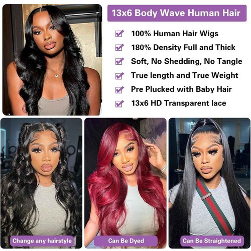 WPRWPR Body Wave Lace Front Wigs Human Hair Pre Plucked 180% Density 13x6 HD Transparent Frontal Wigs Human Hair for Women Natural Black Color 24 Inch