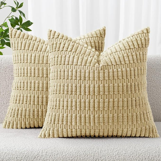 MIULEE Pack of 2 Corduroy Decorative Throw Pillow Covers 16x16 Inch Soft Boho Striped Pillow Covers Modern Farmhouse Home Decor for Sofa Living Room Couch Bed Beige