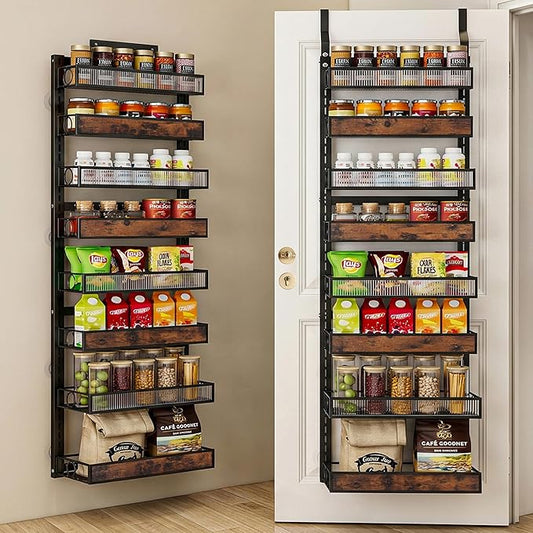 8 Tier Pantry Door Organizer Spice Rack, 2-IN-1 Wall Mount or Hanging Over Door Seasoning Organizer with Adjustable Baskets, Heavy Duty Behind Door Storage Shelves for Pantry, Cabinet and Kitchen