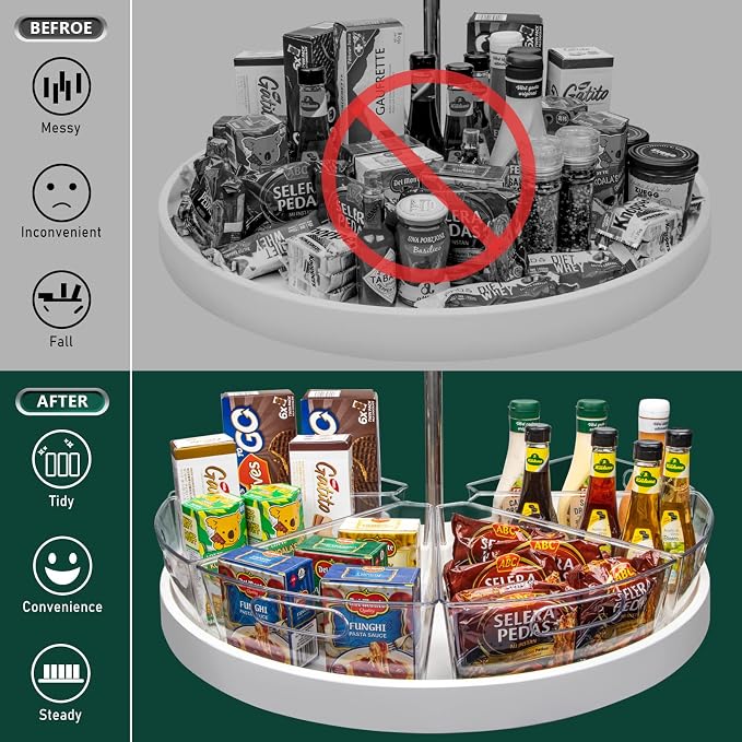 JEISSLIA Lazy Susan Cabinet Organizer Bins for 26"/ 28"/ 32" Diameter Corner Organizer, Plastic Cabinet Storage Bin, 1/8 Wedge - Food Safe, BPA Free, with Non-Slip Pads (for 32" Diameter, 4 Pack)
