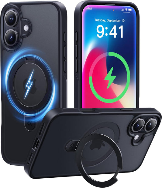 CASEKOO Designed for iPhone 16 Plus Case with Magnetic Invisible Stand [Military Drop Protection] [Compatible with MagSafe] Shockproof Slim Translucent Matte Case 6.7 Inch, Black