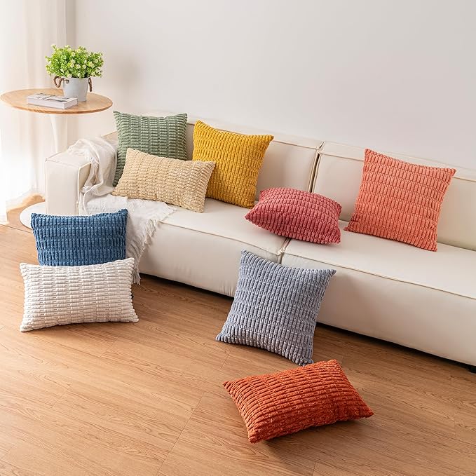 Aegero Pack of 2 Corduroy Decorative Throw Pillow Covers 16x16 Inch Soft Striped Pillow Covers Modern Farmhouse Home Decor for Sofa Living Room Couch Bed（Light Grey）