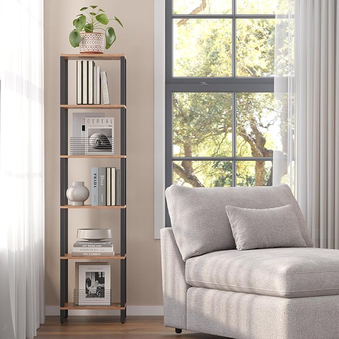TUTOTAK Bookshelf, 6-Tier Tall Book Shelf, Narrow Bookcase for Small Space, DIY Stackable Bookshelf, for Living Room, Office, Study, Entryway, Industrial, Rustic Brown BS01BB006