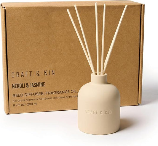 Craft & Kin Neroli & Jasmine Reed Diffuser – Earthenware Collection, 6.7 oz – Alcohol-Free Essential Oil Diffuser for Home & Bathroom – Long-Lasting Fragrance Sticks – Ceramic Room Decor