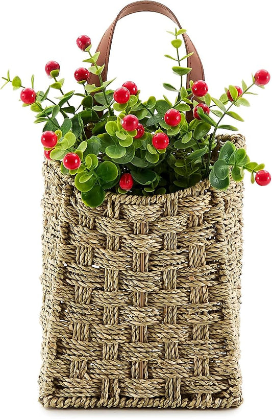 Wall Hanging Pocket Basket Portable Seagrass Storage Basket Decorative Boho Mounted Organizer Dried Flower Plants Front Door Basket for Garden Farmhouse Home