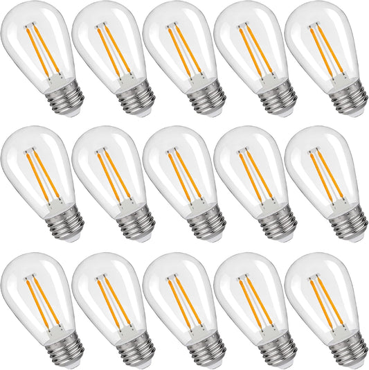 S14 Replacement LED Light Bulbs, Shatterproof & Waterproof 2W S14 Edison LED Bulbs, Outdoor String Lights, E26 Base Patio Lights, Warm White 2200K Plastic 150ML Non-Dimmable 15 Pack