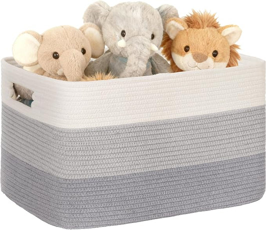 45L Small Laundry Basket with Leather Handles for Living Room Storage, Woven Rope Baskets Bin for Blanket, Kids Toy, Gifts, Wicker Hamper for Bedroom Dirty Clothes, 18"x14"x11" Gradient Grey