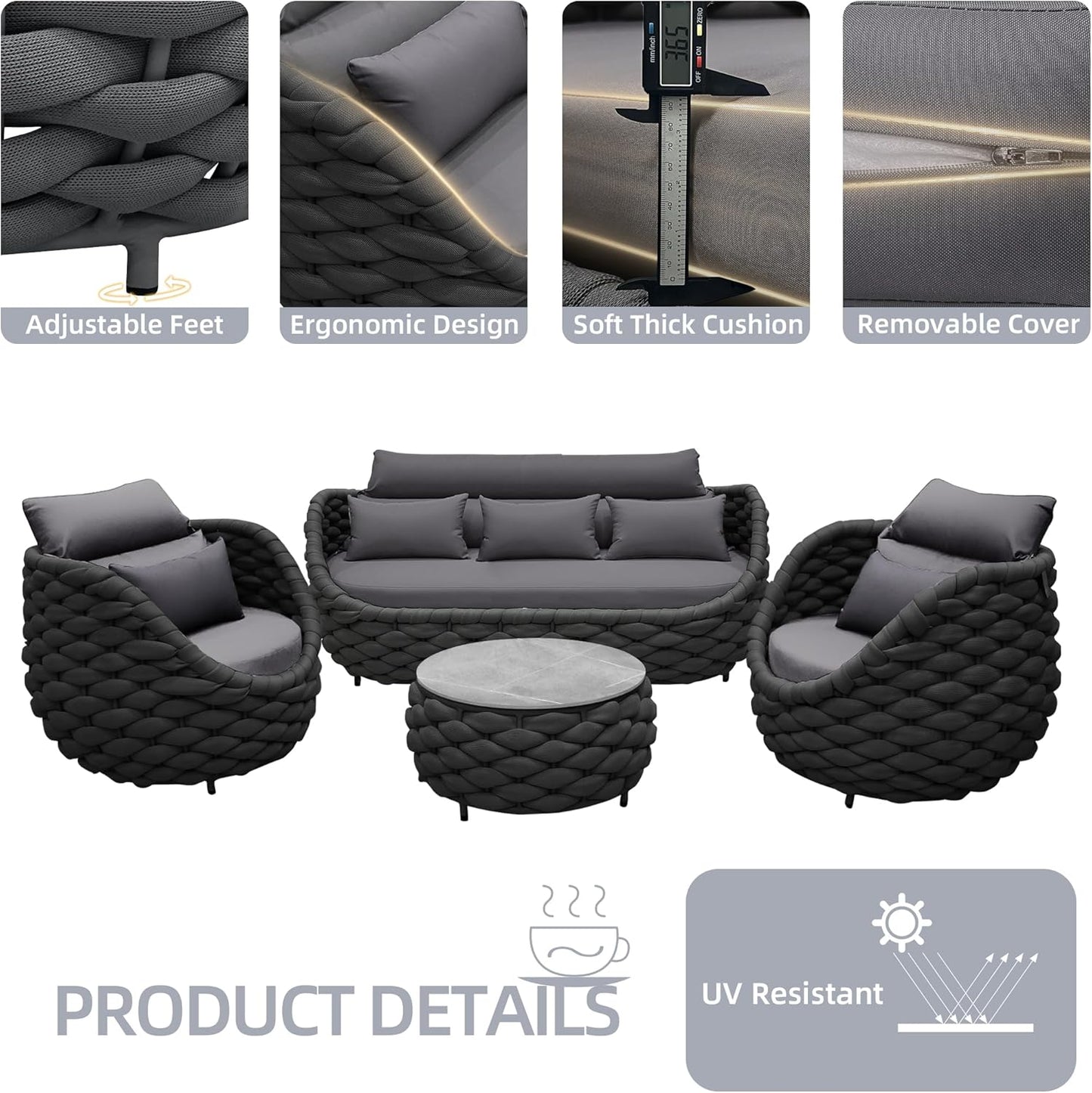 6-Piece Aluminum Patio Furniture Set, Modern Outdoor Conversation Set Sectional Sofa with Water Repellent Thick Cushions and Coffee Table for Balcony, Garden