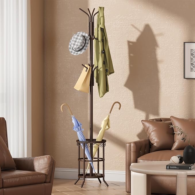 GHWIE Coat Rack Freestanding, Coat Tree with Umbrella Holder, Metal Coat Rack Stand with 12 Hooks, Standing Coat Hanger Stand, Umbrella Stand for Entryway, Hat Rack Stand for Home Office, Brown