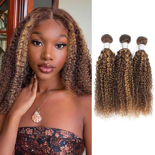AUROO #P4/27 Highlight Kinky Curly Bundles Human Hair 10 12 14 In, Honey Blonde Highlight Brazilian Tight Curly Bundles Thick Track 12A 100% Virgin Ombre Brown Colored Human Hair 3 Bundles Remy Sew In