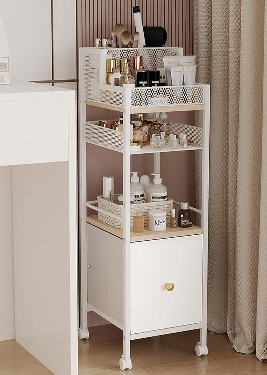 Floor Makeup Organizer Cart, Narrow Floor Skincare Organizers and Storage with Drawers, Bathroom Vanity Organizer Cosmetics Display Cases Holder for Skin Care Nail Polish Perfume Makeup Brush (White)