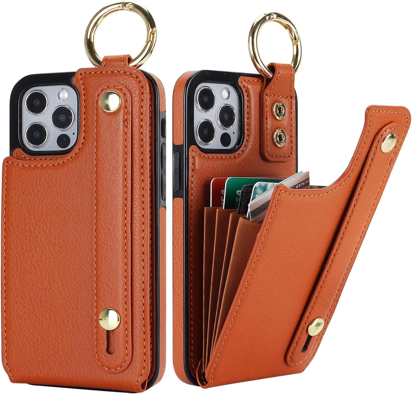 Folosu for iPhone 12/12 Pro Wallet Case with Card Holder, Hand Wrist Strap Loop Holder Kickstand, RFID Blocking Finger Grip Ring PU Leather Double Buttons Shockproof Cover 6.1" Brown"