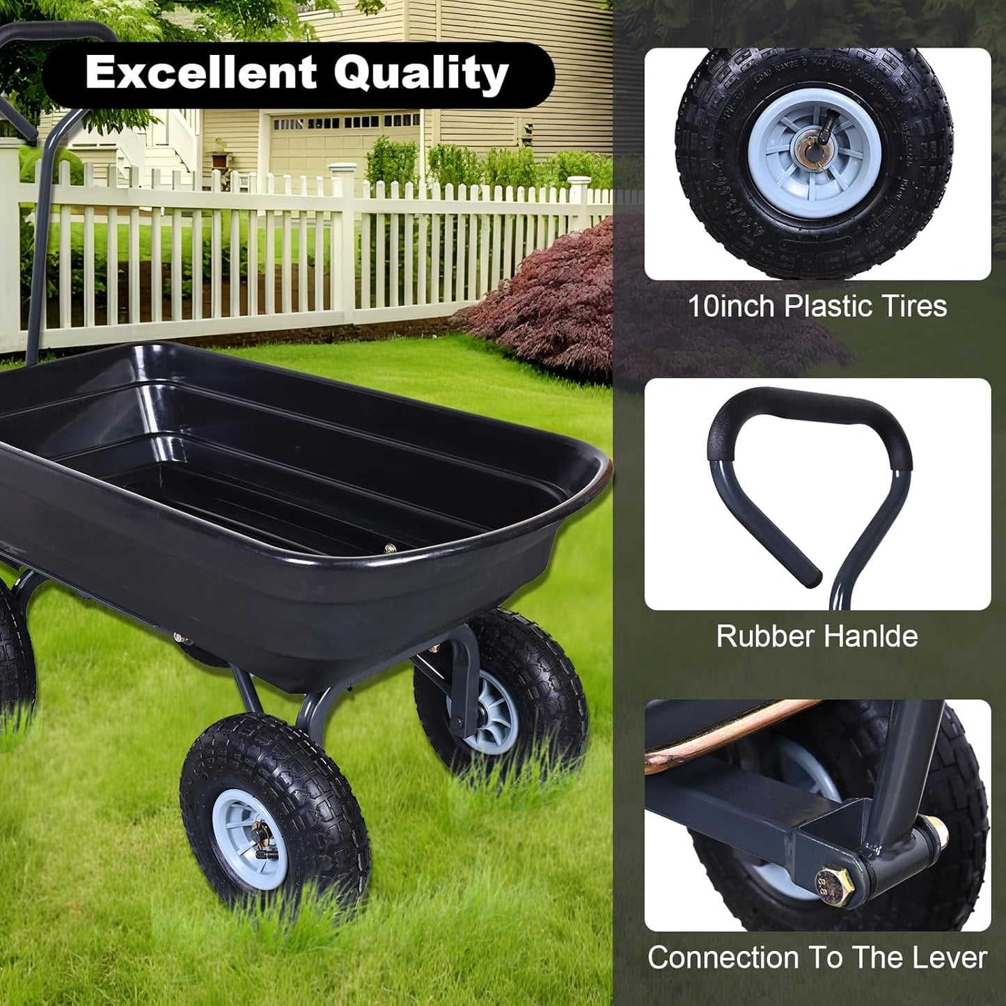 AAIN 600 Lbs Poly Garden Dump Cart,Camping Beach Wagon with 180° Rotating Handle and 10"Pneumatic Tires,Practical Heavy Duty Yard carts and Wagons,Quick Release Utility Wheel Barrow Trolley,Green A078