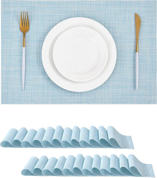 Leetaltree Soft Sky Blue Woven Placemats Set of 24 - Heat Resistant Non-Slip Place mats for Dining Table, Washable Durable PVC Vinyl Woven Table Mats(Sky Blue, 24)