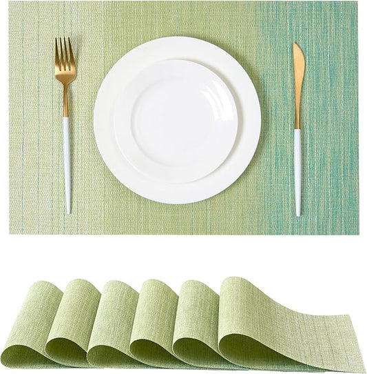 Leetaltree Gradient Green Woven Placemats Set of 6 - Heat Resistant Non-Slip Place mats for Dining Table, Washable Durable PVC Vinyl Woven Table Mats(Gradient Green, 6)