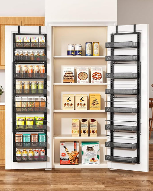 8 Tiers Over the Door Organizer - Height Adjustable Pantry Organizers and Storage with Dense Mesh Baskets, Anti-Swing Hanging Door Spice Rack for Kitchen Bathroom (Black, 12.3"W x 4.7"D x 69"H)