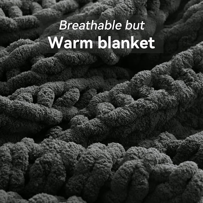 Negwoo Chunky Knit Throw Blanket, 80''*90'' Knitted Throw Chenille Yarn for Bed Couch, Handmade Dark Grey Crochet Big Thick Blanket, Machine Washable Cute Comfy Blanket for Home Decor