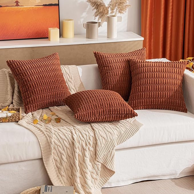 MIULEE Pack of 2 Dark Rust Corduroy Decorative Euro Sham Pillow Covers 24x24 Inch Soft Boho Striped Throw Pillow Covers Modern Farmhouse Home Decor for Summer Sofa Living Room Couch Bed