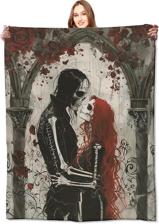 Gothic Romance Skull Lovers Blanket,Red Rose Skeleton Throw Blankets,Gifts for Women Men, Lightweight Soft Fleece Cozy,for Sofa Couch Bed Room Travel,Festival Halloween Goth Decor,40x50in