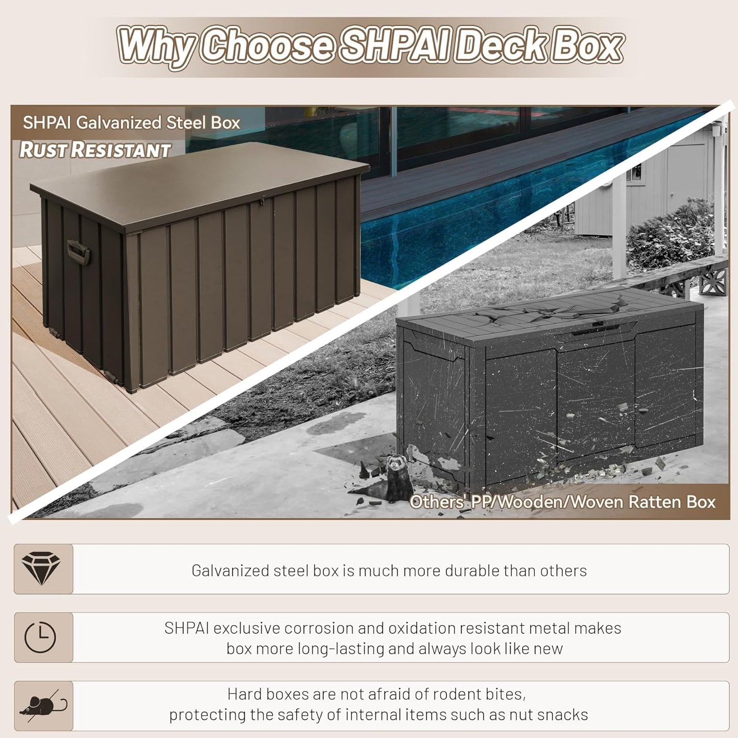 Outdoor Storage Box, 100 Gallon Metal Deck Box Waterproof, Outside Steel Storage Lockable Cabinet, Indoor Storage Bin Container for Patio/Poolside/Backyard Cushions, Pillow -Brown