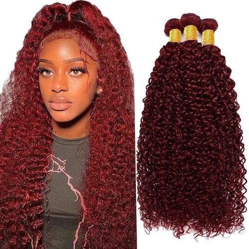 Fabimiya Human Hair Bundles Burgundy 99J Jerry Curly 26 28 30 Inch Bundles Human Hair 100% Unprocessed Burgundy Soft Sewn In Hair with Double Weft for Black Women