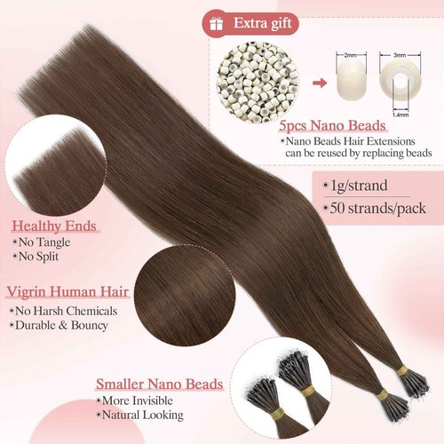 SEGO Pro 50pcs Nano Beads Hair Extensions Straight Nano Beads For Hair Pre-Bonded Seamless Nano Tip Real Human Hair，22Inch Dark Brown,50g