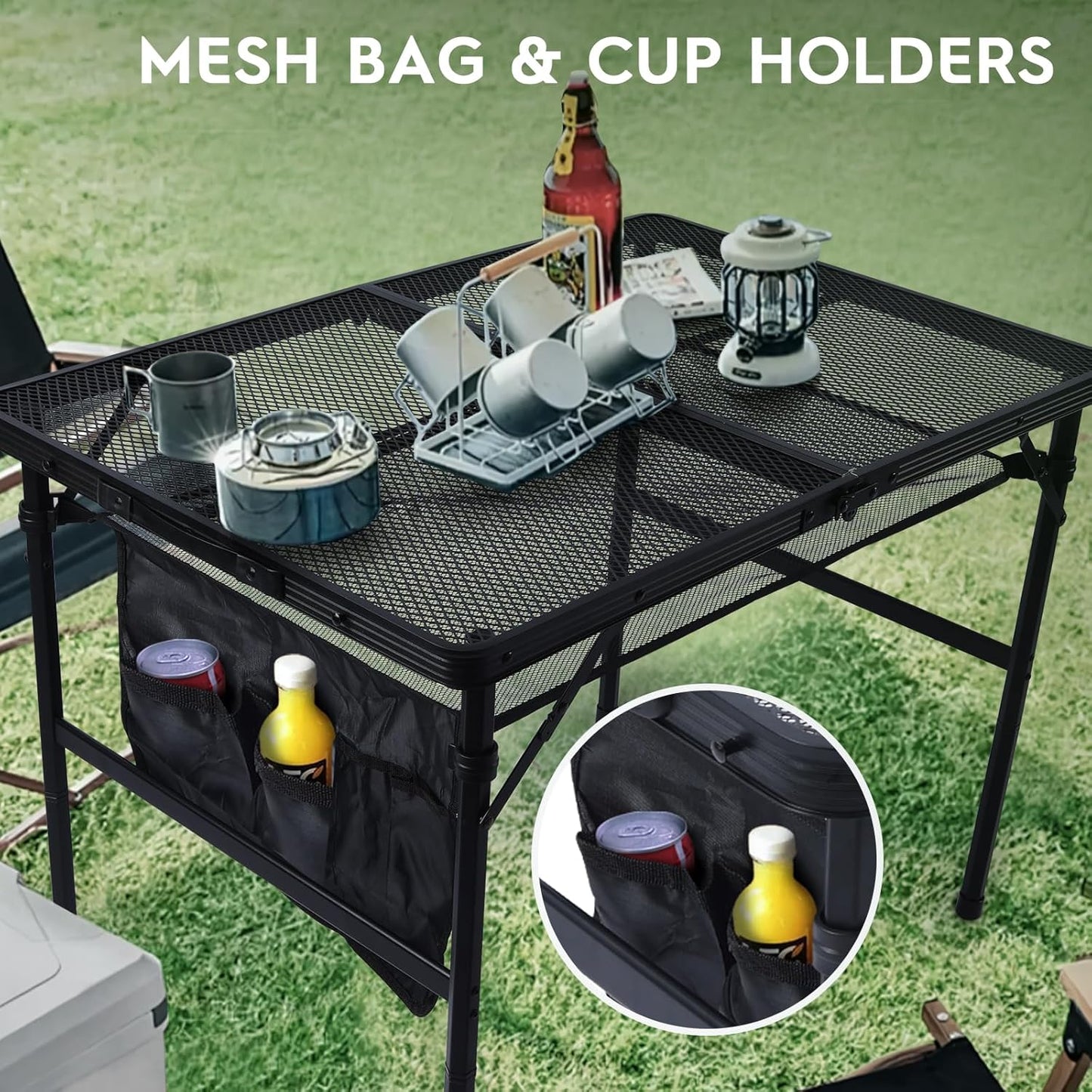 3x2 FT Folding Grill Table, Portable Camping Table for Outside, Adjustable Height Folding Table with Desktop & Mesh Bag, Lightweight Outdoor Table for Camping, Picnic, BBQ