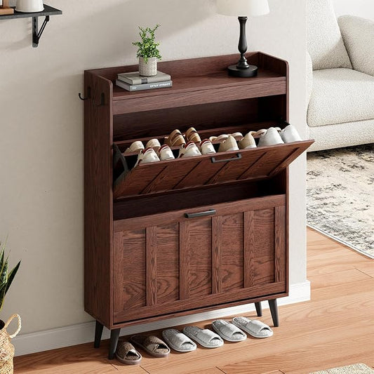 ChooChoo Shoe Storage Cabinet with 2 Flip Drawers, Farmhouse Shoe Organizer Storage for Entryway, Freestanding Hidden Slim Narrow Shoe Rack Cabinet, Walnut