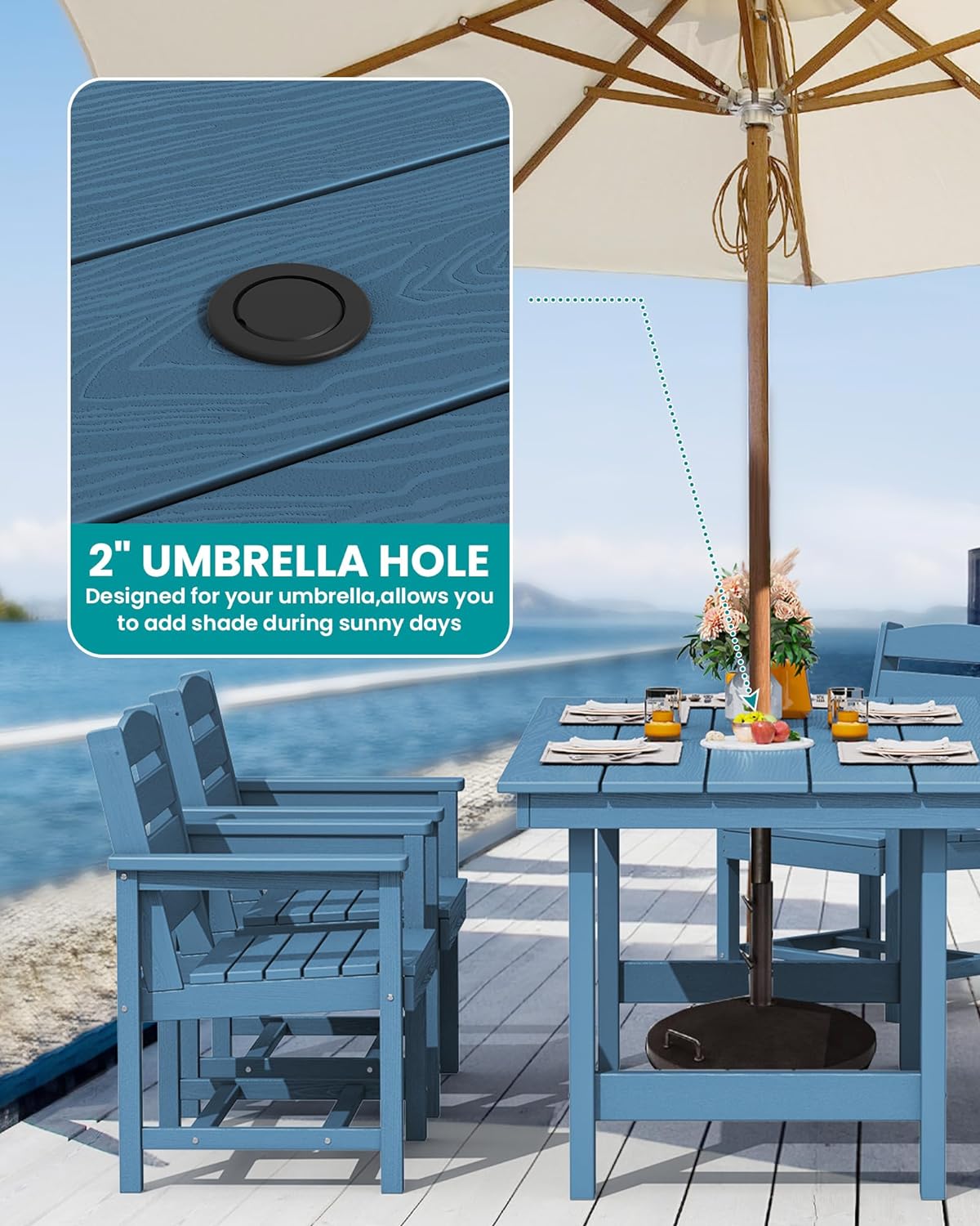 SERWALL Patio Dining Table and Bench Set for 6, Blue