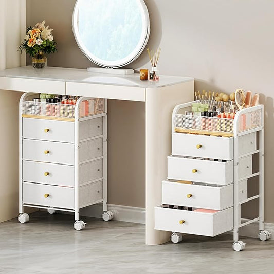 SWTYMIKI Rolling Makeup Organizer Cart - 14.96″*11.81″*27.55″ Widened Under Desk Vanity Storage with 4 Non-woven Drawers, Cosmetic Display Cases for Skin Care Perfume Nail Polish Brush Hair Tool White