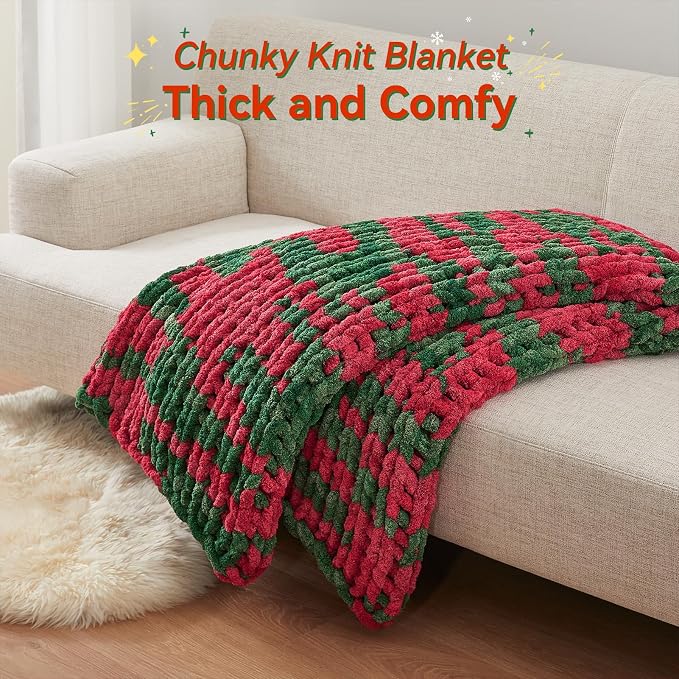 Negwoo Chunky Knit Throw Blanket, 80''*90'' Knitted Throw Chenille Yarn for Bed Couch, Handmade Stripe Crochet Big Thick Blanket, Machine Washable Cute Comfy Blanket for Home Decor