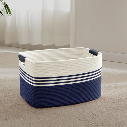 45L Laundry Basket with Leather Handles for Living Room Storage,Woven Rope Baskets for Blanket,Kids Toy,Gifts,Wicker Hamper for Bedroom Dirty Clothes,17.7"x13.8"x10.6"Navy